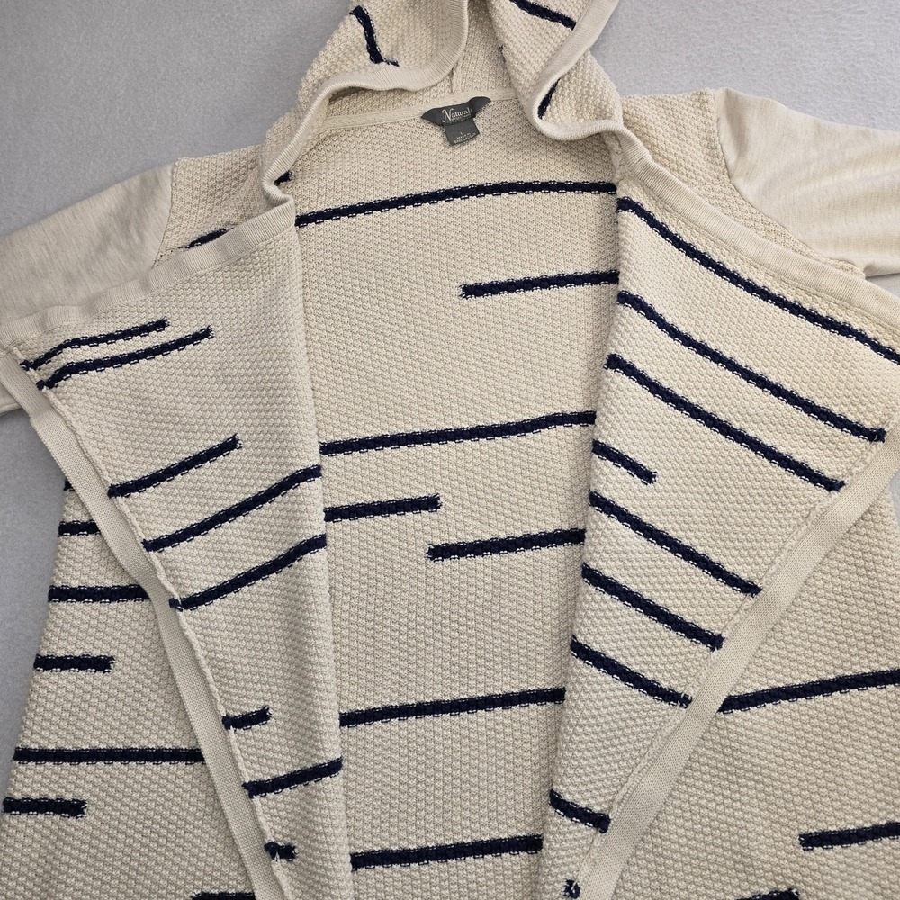 Natural Reflections Hooded Cardigan L Cream Blue Stripe Open Front Knit Boho.... - Picture 3 of 12
